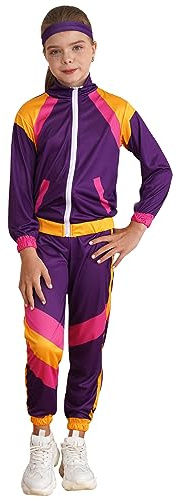 Kaerm Disfraz infantil de los años 80, chándal con bolsillos, chaqueta de manga larga, pantalón y diadema, traje de camping, chándal para correr, estilo retro, para fiesta temática, morado, 140/152 cm