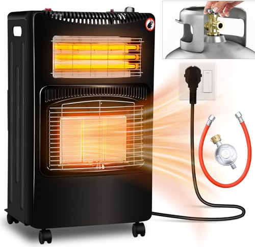 Yakimz Calefacción de gas para interiores de 4,2 kW, estufa plegable, incluye regulador de presión y manguera, consumo de gas 306 g/h, ODS, para obras ventiladas, invernaderos