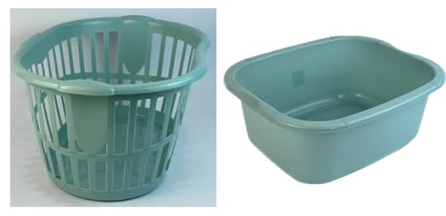 Hipster Plastic Laundry Basket with Handles 34L Large Storage Hamper for Washing Clothes Nursery Home Organisation & 11L Wash up Bowl (Duck Egg Basket + Washing Bowl)