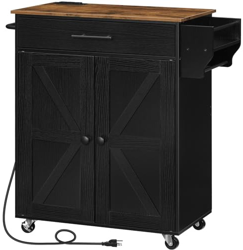 HOOBRO Kitchen Island with Power Outlet, Kitchen Island Storage Island with Large Worktop, Spice Rack and Drawer, Rolling Kitchen Cart on Wheels, for Kitchen, Rustic Brown and Black BF88UZD01
