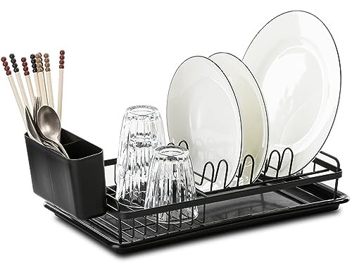 Leadfun Abtropfgestell Geschirr klein, Geschirrabtropfgestell mit Abnehmbarer Haken und abtropfschale, Geschirr abtropfständer für Spüle, Dish Drying Rack Drainer, 42 x 23 x 8cm (schwarz)