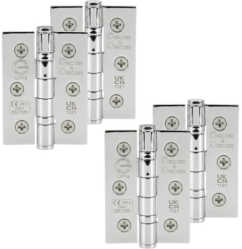 Decoranddecor Polished Chrome Door Hinges 3 Inch Fire Rated 4 Hinges | Polished Chrome Hinges for Internal Doors, Heavy Duty Fire Door Hinges, Ball Bearing Butt Hinge, 3 Inch Grade 7, Steel Hinges