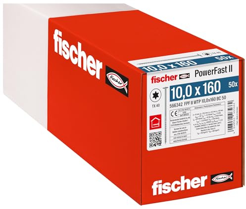 fischer PowerFast II WTP 10,0 x 160, kraftvolle Holzbauschraube mit Tellerkopf, Innenstern-Aufnahme und Teilgewinde, für den konstruktiven Holzbau, 50 Stk.