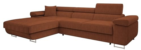 Mirjan24 Ecksofa Torezio Mini Cord mit Bettkasten (Poso 39, L) | Komfortable Eckcouch mit Schlaffunktion, verstellbaren Kopfstützen, weichem Cordbezug und gepolstertem Rücken