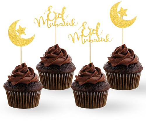 iwiio 24Pcs Eid Mubarak Cake Topper, Eid Decorations Gold Glitter Star Moon Eid Cupcake Toppers, Ramadan Muslim Hajj Eid Decor for Eid Mubarak Party Cake Decorations