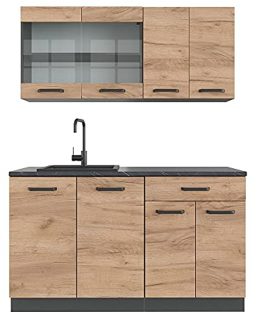 Vicco Singleküche R-Line, Goldkraft Eiche, 140 cm | 4 Module · Höhenverstellbare Füße · AP Anthrazit inkl. · Robuste Fronten · Mit Glasschrank · Frei kombinierbar
