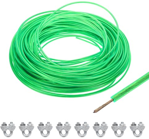 Sourcing Map Green Galvanized Steel Wire Rope, 60m/197ft, 3.5mm, with 8 M5 Loop Sleeves for String Light Hanging, Deck Railing, Garden Wire