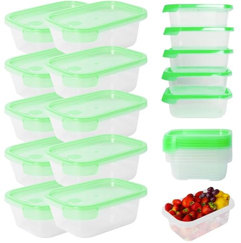 Mypicompany Frischhaltedosen mit Deckel – 10-teiliges Set je 500 ml pro Dose, BPA-frei, luftdicht, stapelbar, mikrowellen- & spülmaschinengeeignet, transparente Gefrierdosen mit grünem Deckel