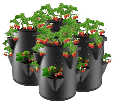 Erdbeerturm zum Pflanzen, Erdbeer Pflanzturm Pflanzsack aus Filz mit 8 Seitlichen Pflanztaschen, 10 Gallonen Pflanzsäcke für Erdbeeren Pflanzen, Atmungsaktiv Pflanzenturm für Innen Außen Balkon (4)