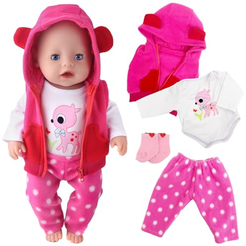 Puppenkleidung für 30-45 cm Baby Puppen, Rose Rehkitz Baby Kleidung Outfits mit Weste Langärmelige Oberteile Hose Socken Puppenzubehör für 12-18 Zoll Puppen Mädchen Geburtstag Geschenk