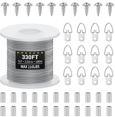 Uniclife Picture Hanging Wire, 100m of 1mm Picture Wire Kit with D-Ring Hangers, Stainless Steel Wire Rope for up to 50kg, Trellis Wire Cable for Pictures Photo Frames and String Lights
