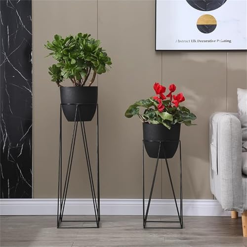Juego de 2 macetas altas negras con soportes de metal, macetas decorativas modernas para uso en interiores y exteriores, perfectas para esquinas, terrazas, balcones y salas de estar, 50 cm y 70 cm de