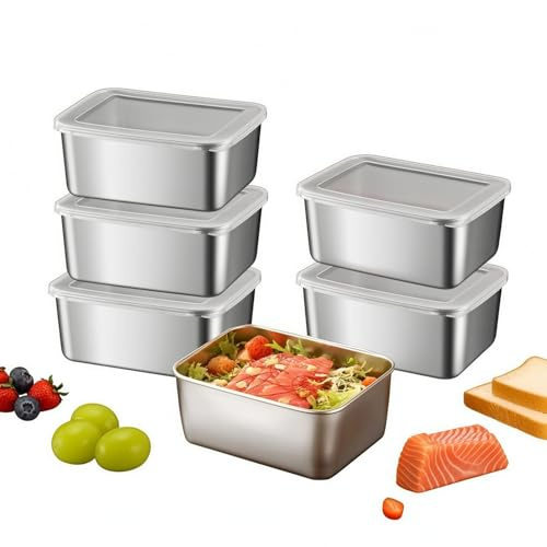 SH-RuiDu 6 contenitori per alimenti in acciaio inox con coperchi, 650 ml/21 oz a tenuta stagna, frigorifero, acciaio inox, coperchio ermetico, per carne, frutta, ufficio, campeggio