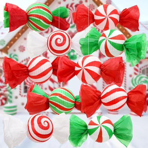 Rossesay 15 Pcs 12 in Christmas Paper Lanterns Decoration, Christmas Candy Lanterns Candy Canes Hanging Ornaments for Indoor Outdoor Xmas Party Home Tree Yard Porch Wall Ceiling Decor