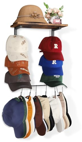 Keebofly Wall Hat Rack with Shelf, Multi-function Baseball Cap Organizer & Holder with 12 Hooks，Displays & Stores 60+ Caps, Multi-Level Wall Mount Hat Organizer Stand for Closet, Entryway, Bedroom