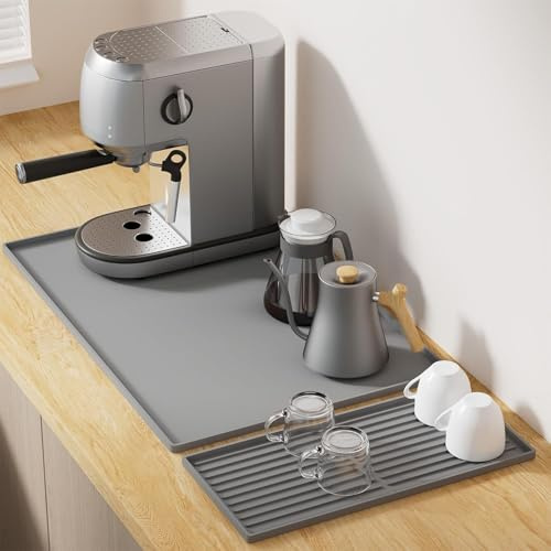 Vyranut Silikonkaffematta 60 x 40 cm med torkmatta 40 x 19 cm och magnetisk kapselhållare – halkfri, värmebeständig, för kaffebryggare, kök och kaffehörn (grå)