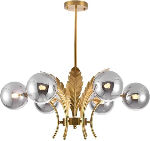 HYHDDM Lámpara de araña de burbujas de cristal rosa de 6 luces – Lámpara colgante en tonos rosa rubor y hoja dorada, altura ajustable, for isla de cocina, recibidor(Smoke Grey)
