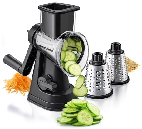 CÉCOA • Râpe Rotative Professionnelle 3 Tambours • Mandoline Manuelle à Ventouse • Coupe Légumes, Fromage, Fruits & Chocolat • Julienne, Lamelles & Copeaux • Acier Inoxydable • Démontable Lave-Vaissel