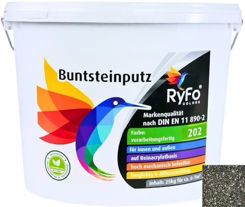 RyFo Colors Buntsteinputz Glitzereffekt 202 schwarz 25kg - weitere Farbtöne und Größen wählbar, Fertigputz für innen und außen, Sockelputz, Mosaikputz