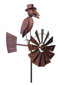 Girouette à Piquer avec Décor Corbeaux et Eolienne Tuteur Mobile à la Force du Vent Fer Marron 30x50x156cm