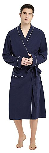 U2SKIIN Morgenmantel Herren 100% Baumwolle, Bademantel leicht Kimono Saunamantel Hausmantel lang (Marineblau, L/XL)