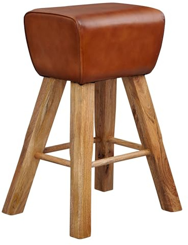 FineBuy Barhocker Turnbock 43x43x75 cm Mango Massivholz Echtleder | Barstuhl im Country Style ohne Lehne, Lederhocker handgefertigt, Tresenhocker für Küche und Hausbar