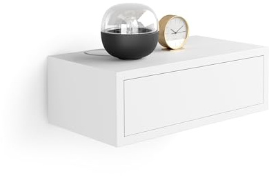 Mobili Fiver, Comodino sospeso Riccardo, Bianco Opaco, Nobilitato, 45 cmx25 cmx15.5 cm, Comodino moderno per Soggiorno e camera, Made in Italy