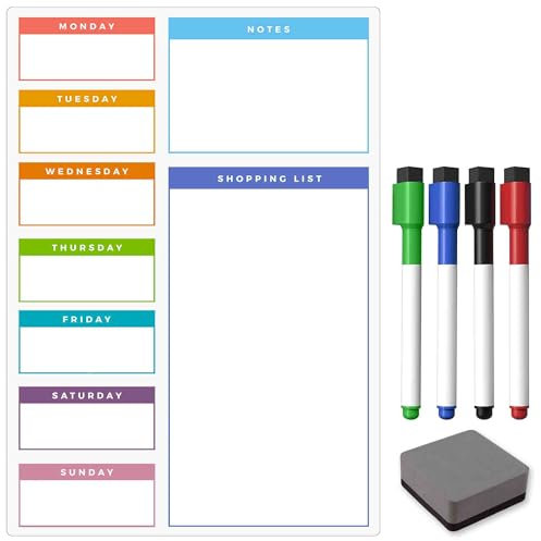 TMS A4 Weekly Meal Planner for Fridge | Magnetic Whiteboard Calendar and Shopping List | Use for Food Prep and Family Planning | Dry Wipe Memo Board for Kitchen | Made in The UK [30 x 21cm]
