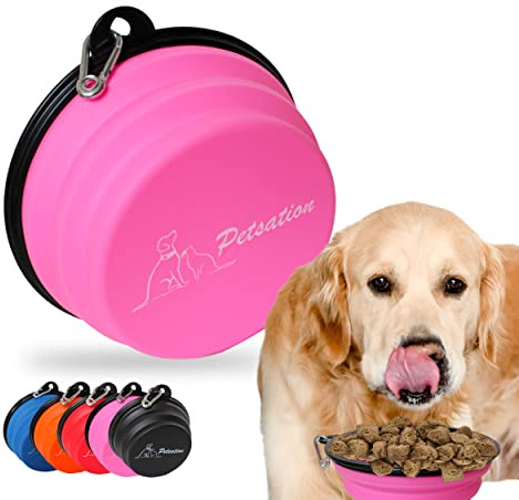 PETSATION – hundskål vikbar för resor [originalet] foderskål hund perfekt för vardagen – 1 000 ml vattenskål – drickskål för hunden – reseskål, matskål, skål (1 000 ml, rosa)
