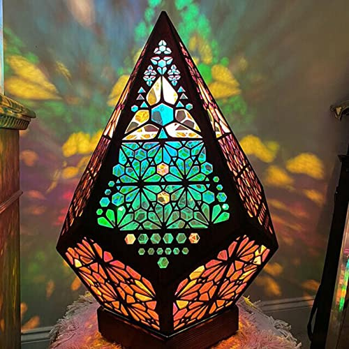 LIBOOI Turkish Moroccan Arabian Eastern Bohemian Wooden Mosaic Colourful Table Lamp Lamps Home Decor, Colorful 3D Projection Hollow lamp, Bohemian Floor Decorative Lamp, Brown, 18x11x11cm