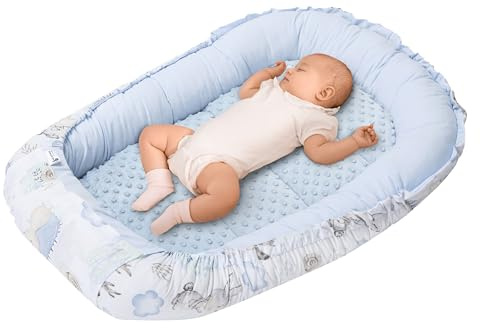 Medi Partners Babynest, gosig nest, babynest, 100% bomull, resesäng för spädbarn, 100 x 60 x 15 cm, avtagbar (Hjort och igelkott med blå Minky)