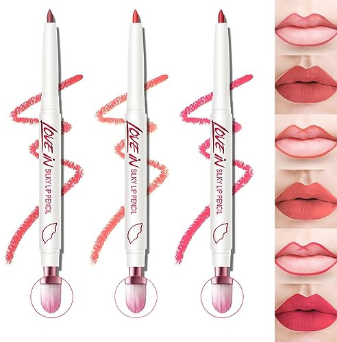 KYDA 3 Colors Lip Liner Pencil, Plumping Liner Pen, Matte Tinted, Silky Smooth Pigment, Ultra Fine Lipliner Pencil with Brush, Lasting Smudgable