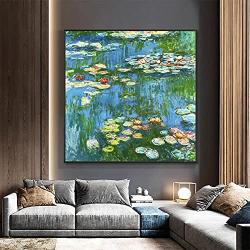 ZHMANLUCK Moderne Landschaft, berühmte Seerosen, Wanddekoration, Leinwandgemälde, Claude Monet, Poster, Drucke, Wandkunst, Bild für Wohnzimmer, 90 x 90 cm (35 x 35 Zoll) mit Rahmen