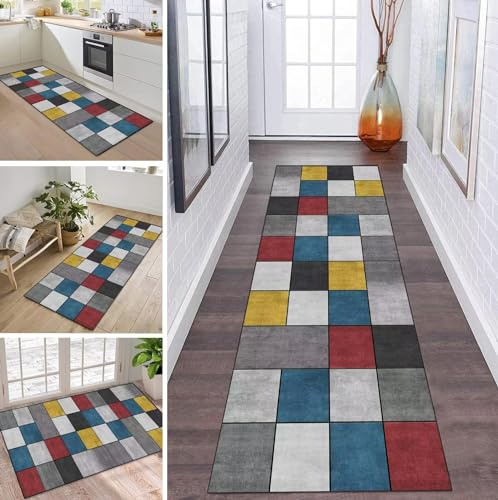 Teppich Läufer Lang Flur Küche rutschfest Waschbar Küchenläufer 60X110CM Grau Blau Gelb Teppichmatten Polyester Korridor Teppichläufer Flur Wohnzimmer Schlafzimmer Schmutzfangmatte Küchenteppich