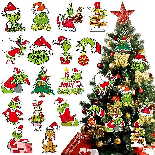 VARACL 32 Stück Grinch Weihnachten Hängende Ornamente, Papier Hängende Ornamente für Weihnachtsbaum Dekoration, Geburtstag Party Dekor, Grinch Weihnachten Party Dekorationen