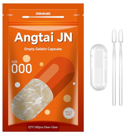 AngtaiJN Capsule Gelatina Vuote 000-Capsule Vuote Trasparenti da Riempire con 2 Microcucchiai, Capsula di Gelatina 000 Fai Da Te Compatibile con il Riempitore di Capsule Misura 000, 100 pezzi
