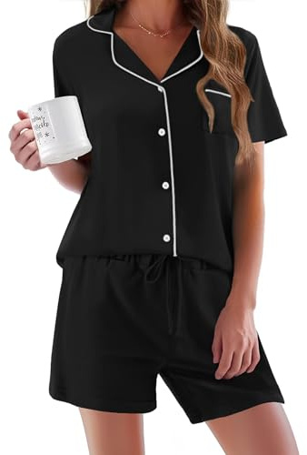 Ekouaer Pigiama Corto da Donna Set Pigiama Camicia con Bottoni sul Bavero Comodo Pantaloni Casa Magliette e Camicette e Pantaloncini da Notte Negligee,Nero,XL