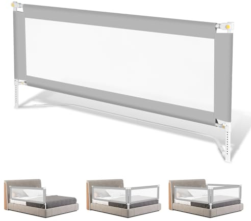 Jopassy Sänggaller, 150 cm x 1 + 200 cm x 1, sängskydd, barnsängsskydd med U-formad bas, fallskydd, säng för barn och föräldrarnas sängar, höjd 68 till 95 cm, stabil, grå