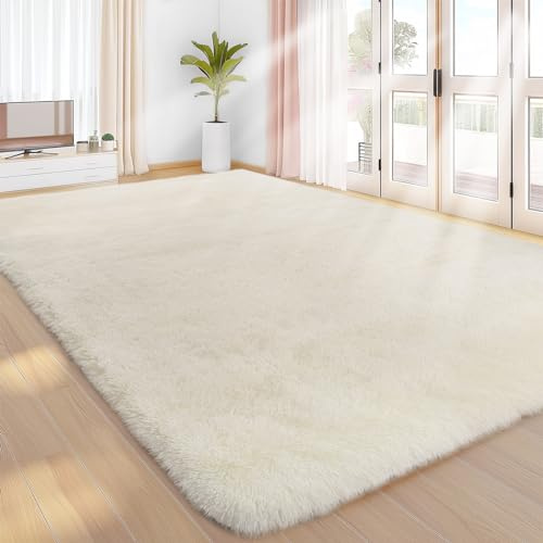 Tapis Sour Lemon à poils longs doux et moelleux pour chambre à coucher et salon, lavable, antidérapant, extra large, 120 x 160 cm, crème, pour chambre d'enfant et salon
