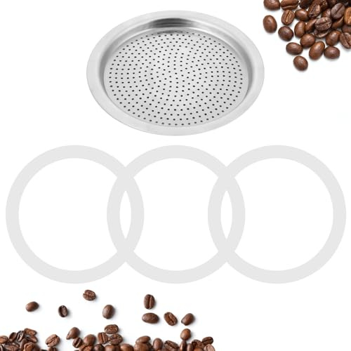 Lot de 4 joints de rechange pour machine à expresso et filtres, 1 filtre en métal et 3 joints d'étanchéité en silicone pour cafetière à expresso Moka Express Dama (6 tasses)