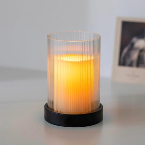 Glasseam Pillar Candle Holder: Ribbed Glass Cylinder with Black Candle Holders, Metal Candle Plate for Living Room, Christmas Decoration
