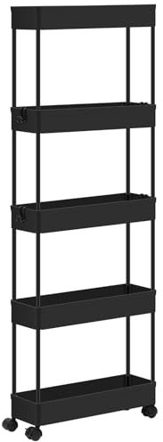 Klihome Servierwagen 5 Ebenen, Rollwagen schmal, Küchenwagen mit Rollen, Nischenwagen mit ausgehöhlten Körben, Rollregal für Küche Wohnzimmer Badezimmer, aus Kunststoff, Schwarz