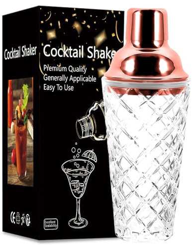 Dzmuero Cocktail shaker, Cocktail mixer, Shaker edelstahl cocktail, Cocktail shaker glas, Glasmixer, Edelstahl-Deckel, mit Filterschicht, versiegelt und langlebig, für Haus und Bar (Roségold)