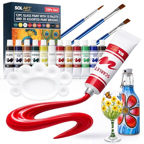 SOL 12pc Glass Acrylic Paint Set for Adults with 1x Palette & 3x Assorted Paint Brushes, Waterproof Acrylic Paints Set for Glasses, Wood, Rocks, Stones, Canvas, Metal & Plastic for Artists