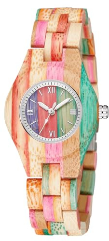 Tiong Damen Holzuhr Bunte Bambus Holzuhren Analoge Quarz Damenuhren für Frauen Verstellbar Holz Leichte Armbanduhr