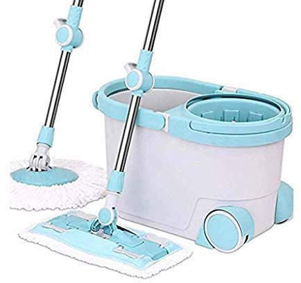 Balai Rotatif à Eau Domestique, Balai à Pression Manuelle, Balai Plat avec Seau (Bleu)
