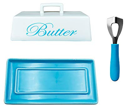 Ceramic Butter Dish Set with Lid, Blue Serving Tray and Spreader Knife