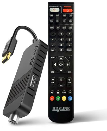 Hd-line Decoder Digitale Terrestre DVB-T2 2024, Full HD 1080P Decoder, Telecomando Bluetooth, Nascosto dietro la TV, display digitale, H265 HEVC Main 10 Bit, Telecomando 2in1 HDMI/AV, USB, TV Stick