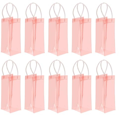 PATIKIL Ice Wine Bag, 10 Pcs Portable Collapsible Clear Wine Pouch Cooler Clear PVC Gift Bags with Handles for Champagne Party Outdoor Cold Beer Chilled Beverages, Light Orange