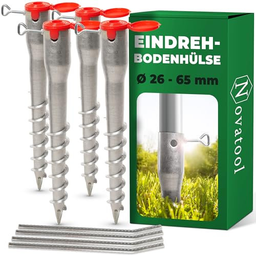 Novatool Set di 4 manicotti per tubi con diametro di 26 – 65 mm, manicotto per ombrellone, supporto per pali a vite, in alternativa al manicotto a terra